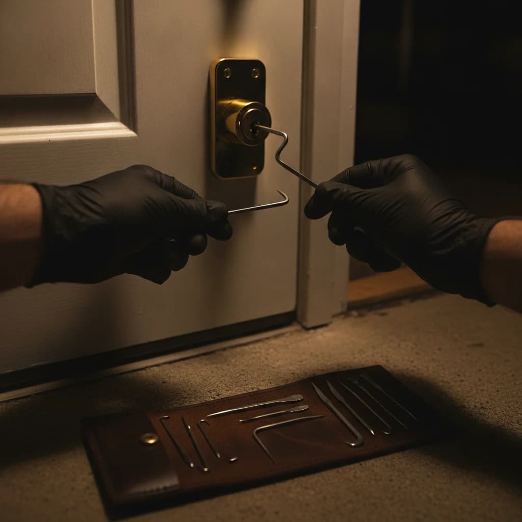 Emergency lockout service — locksmith unlocking a door in Austin, TX at night