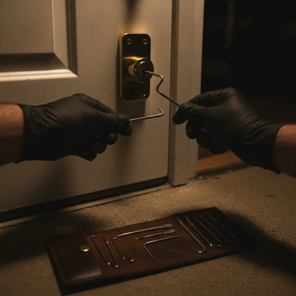 Emergency lockout service — locksmith unlocking a door in Austin, TX at night